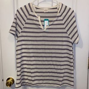 Kayleigh Elyse Split Neck Knit Top, White with Blue Strips, Large